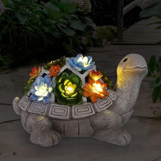 Gift Galore London Turtle Garden Statue with Succulent & 7 LED Lights Outdoor Patio Décor